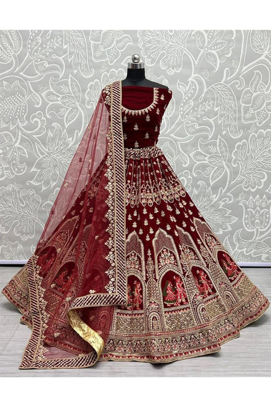 Thread Embroidered Velvet Beidal Lehenga In Radiant Maroon Color