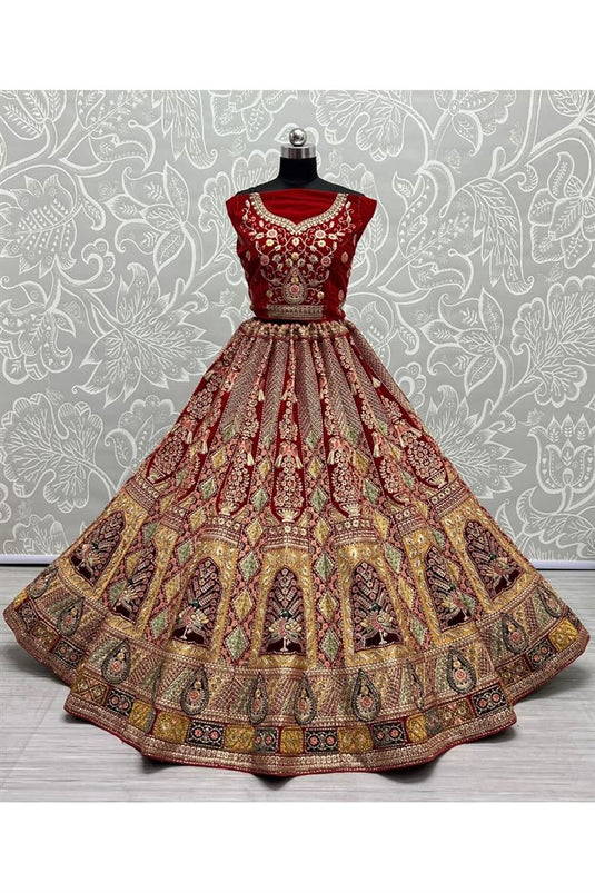 Velvet Multi Red Bridal Lehenga Choli