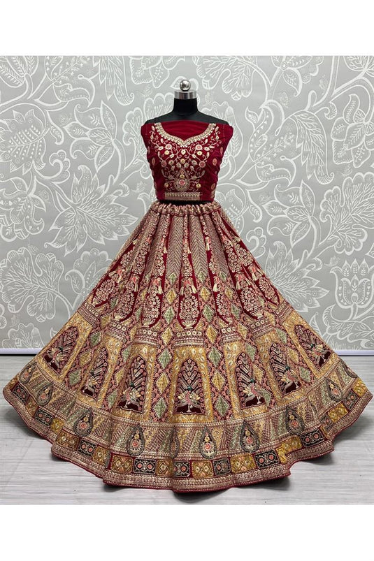 Velvet Thread Work A Line Bridal Lehenga Choli In Pink