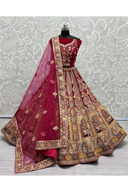 Velvet Thread Work A Line Bridal Lehenga Choli In Pink