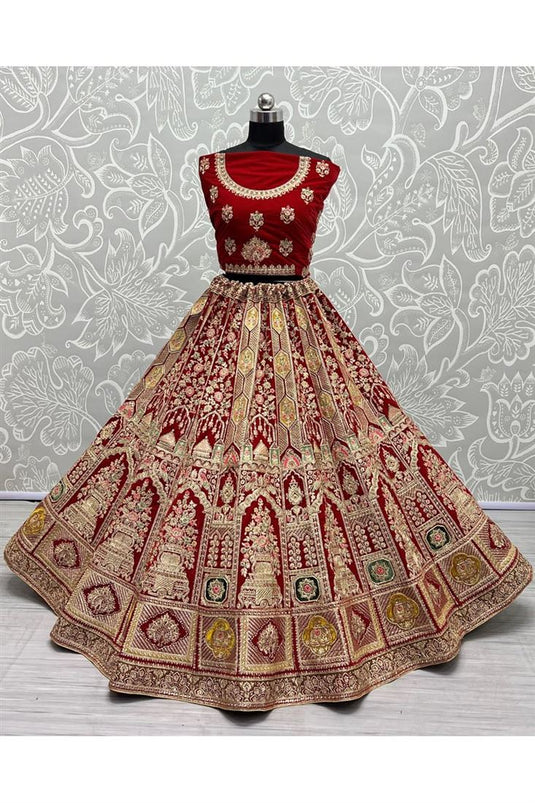 Red Color Velvet Fabric Elegant Bridal Look Lehenga