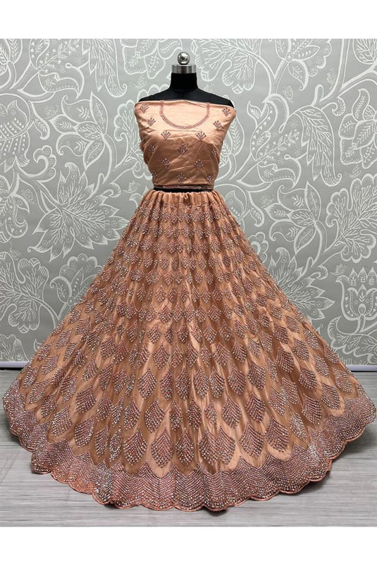 Peach Color Net Fabric Remarkable Bridal Lehenga For Wedding