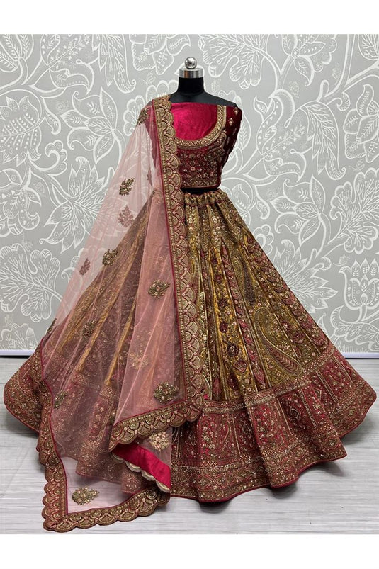 Mustard Color Trendy Bridal Look Heavy Embroidered Lehenga In Velvet Fabric