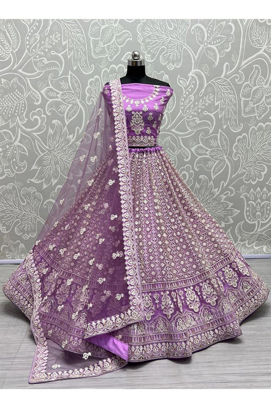 Net Fabric Purple Color Patterned Embroidered Lehenga