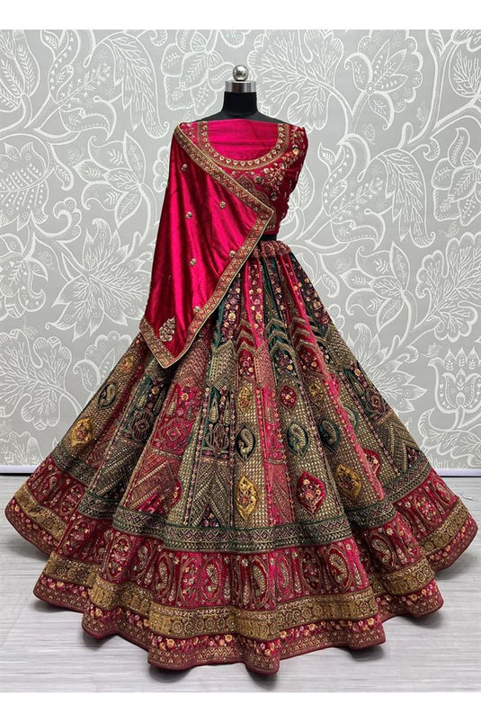 Wedding Glamour Pink Color Embroidered Work Velvet Bridal Lehenga