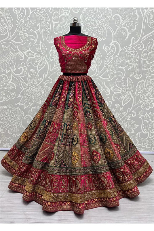 Wedding Glamour Pink Color Embroidered Work Velvet Bridal Lehenga