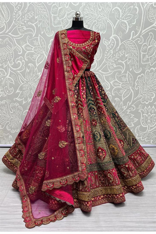 Wedding Glamour Pink Color Embroidered Work Velvet Bridal Lehenga