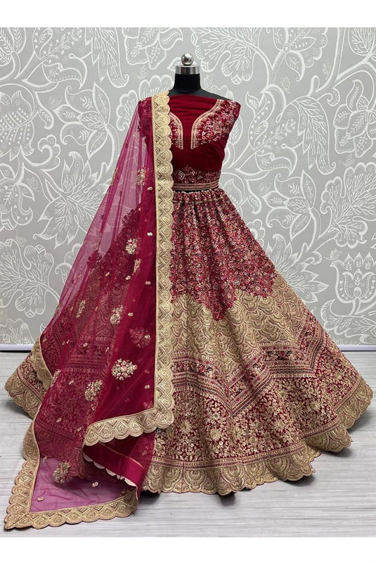 Velvet Fabric Dazzling Embroidered Bridal Lehenga in Pink Color For Wedding