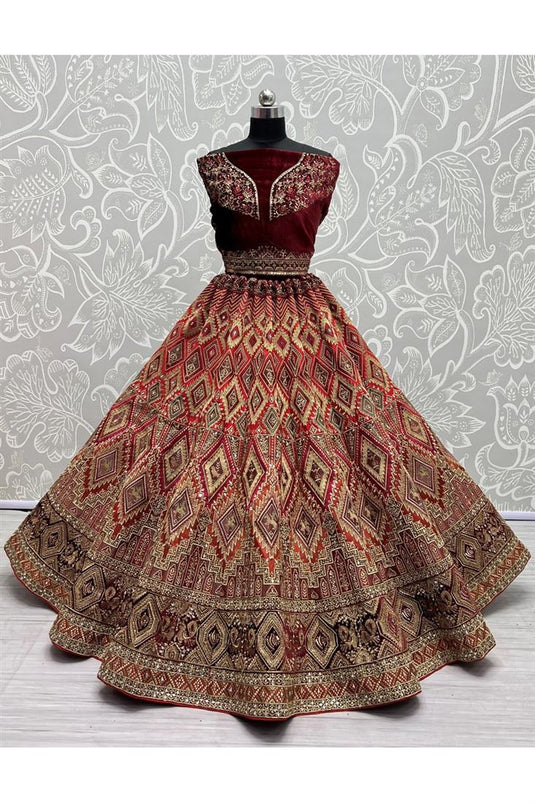 Velvet Fabric Heavy Embroidered Bridal Look Designer Lehenga Choli In Maroon Color