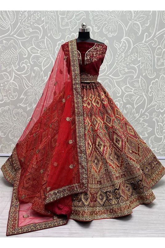 Velvet Fabric Heavy Embroidered Bridal Look Designer Lehenga Choli In Maroon Color