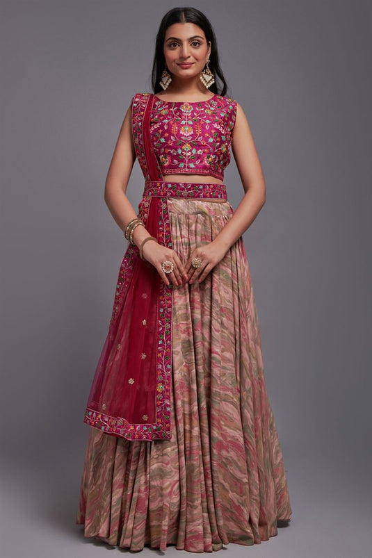 Tempting Art Silk Fabric Pink Color Wedding Wear Lehenga Choli With Embroidered Work