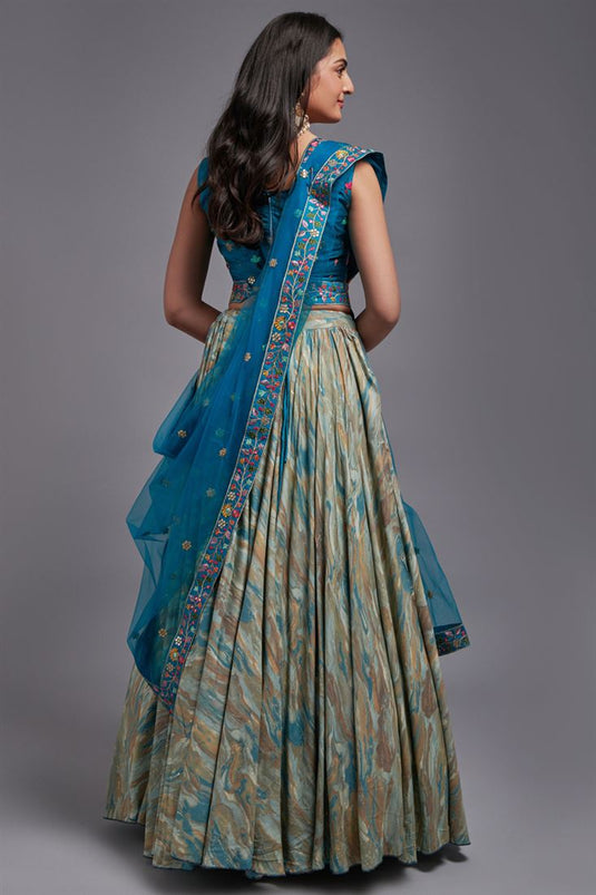 Engaging Cyan Color Art Silk Fabric Embroidered Work Wedding Wear Lehenga Choli