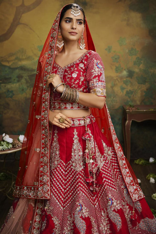 Excellent Silk Fabric Red Color Bridal Lehenga Choli With Heavy Look Embroidered Work