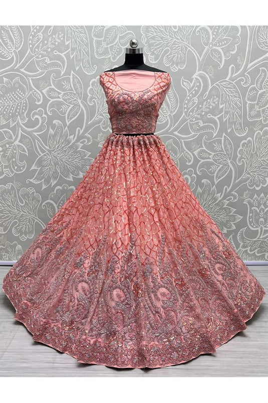 Embellished Heavy Look Embroidered Work On Pink Color Net Fabric Bridal Lehenga Choli