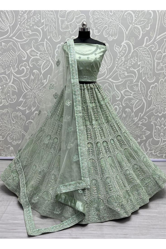 Heavy Embroidered Sea Green Color Bridal Look Fancy Lehenga Choli In Net Fabric