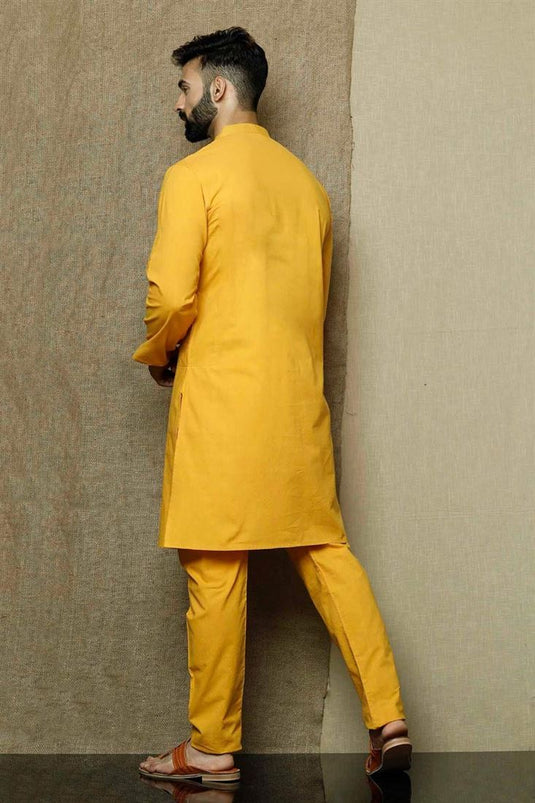 Yellow Color Cotton Fabric Function Wear Stylish Kurta Pyjama For Men