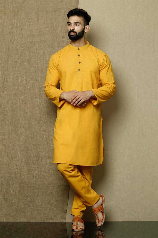 Yellow Color Cotton Fabric Function Wear Stylish Kurta Pyjama For Men