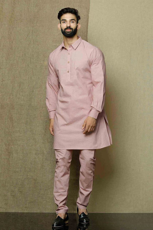 Pink Color Cotton Fabric Function Wear Trendy Kurta Pyjama For Men