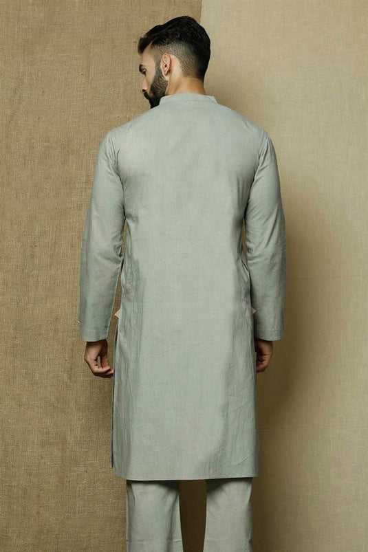 Grey Color Cotton Fabric Festive Wear Stylish Kurta Pyjama For Men