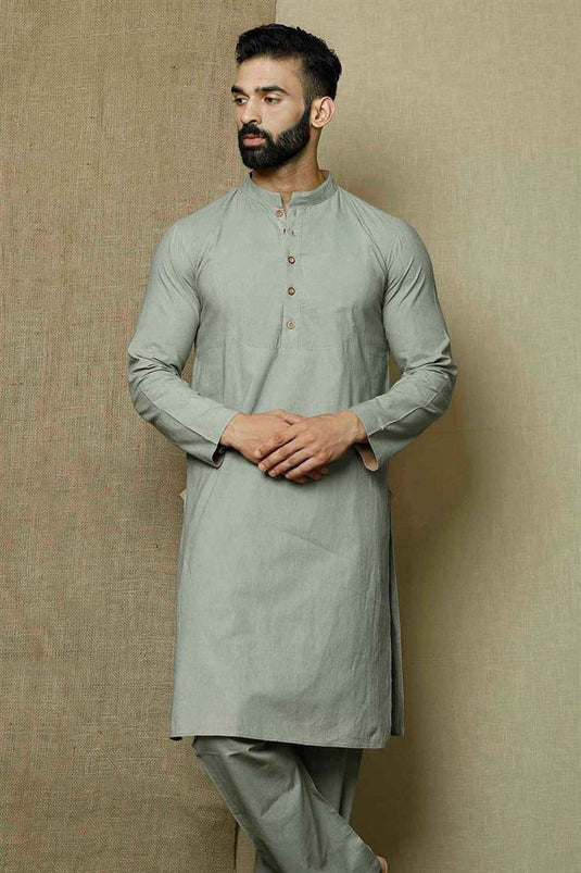 Grey Color Cotton Fabric Festive Wear Stylish Kurta Pyjama For Men