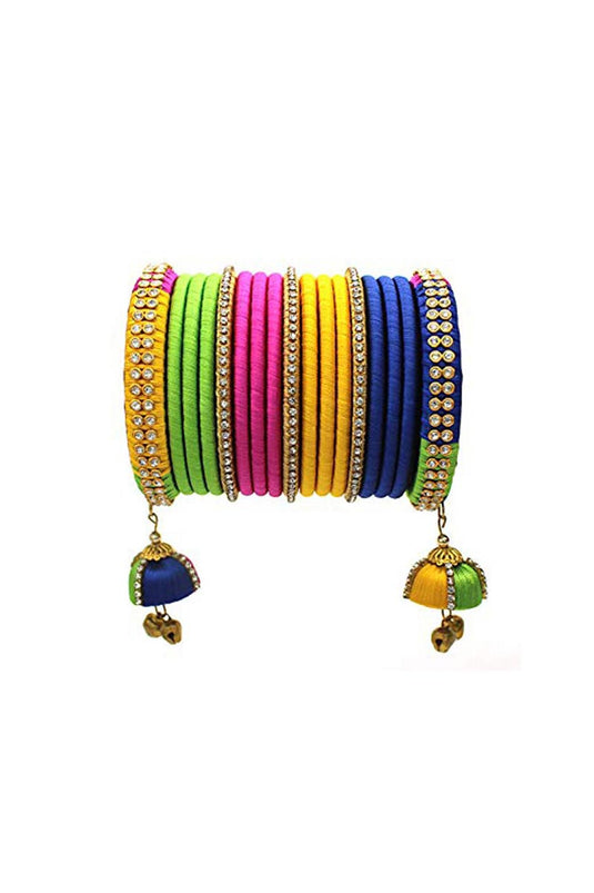 Silk Thread Multi Color Customized Handmade Fancy Bangles Set With Latkan