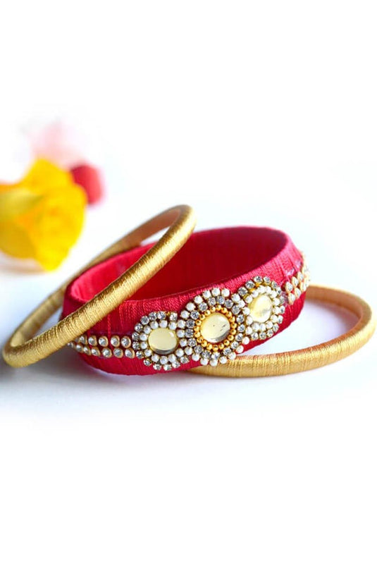 Beige And Red Silk Thread Handmade Customized Bangle Set