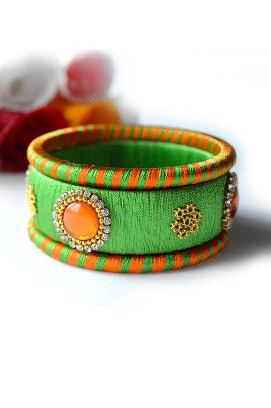 Silk Thread Handmade Customized Bangle Set In Green