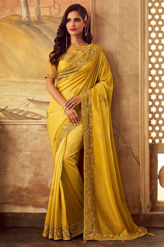 Yellow Party Wear Art Silk Embroidered Border Work Saree With Fancy Blouse