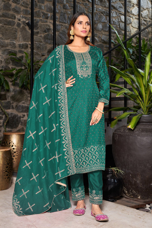 Festive Wear Embroidered Designer Long Straight Cut Salwar Kameez In Fancy Fabric Teal Color